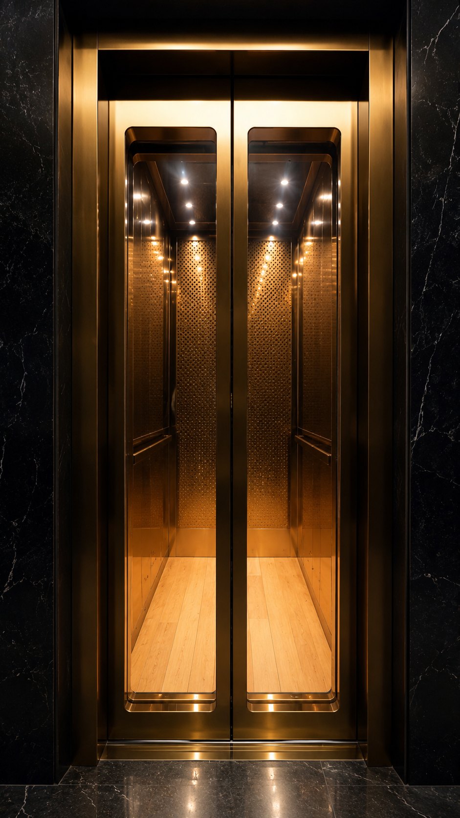 Gold Cane & Black Marble — Span Ārohaṇa LX home cabin, Gold cane-work behind bronze mirror, framed in black marble.