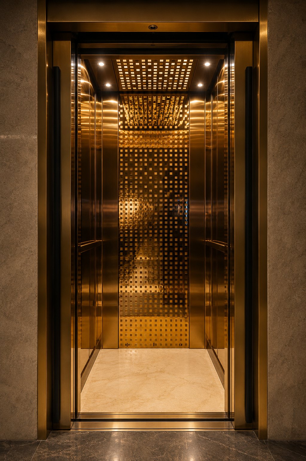 Gold Grid & Stone — Span Ārohaṇa LX home cabin, A back-lit gold grid, rising between stone and marble.